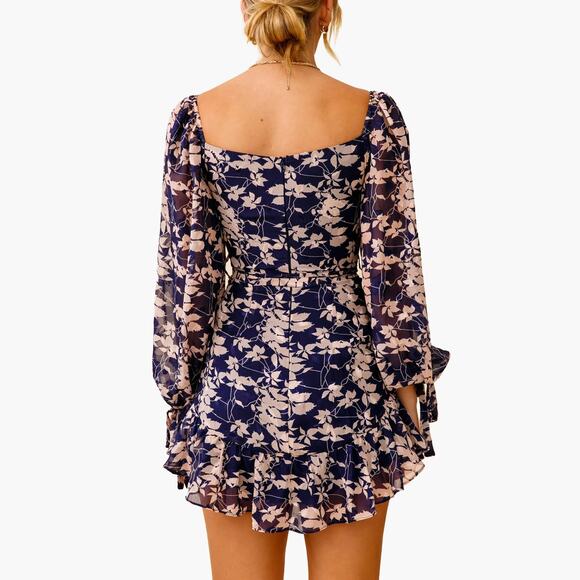 NWT PETAL + PUP Floral Puff Sleeve Ruffle Hem Mini Dress (Navy/Beige | Size 4) - Picture 7 of 11